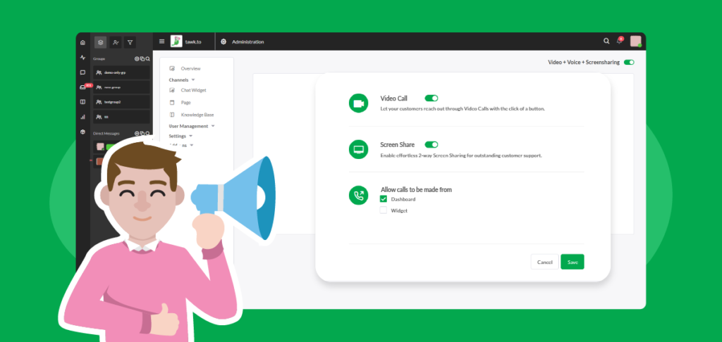 Let your customer choose how to communicate with you Control video and voice chat permissions in the Dashboard